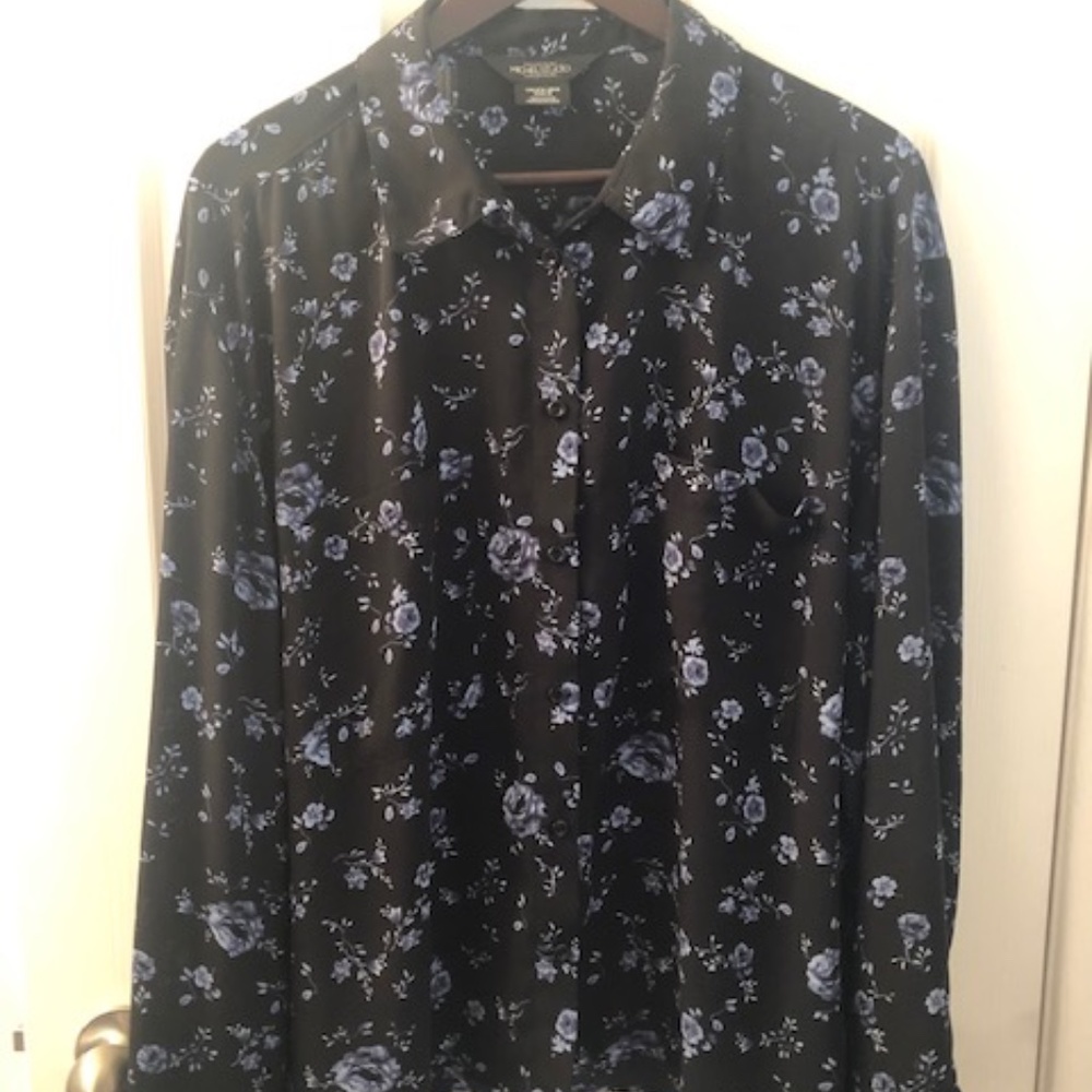 Black with Blue Flowers Front Botton Blouse